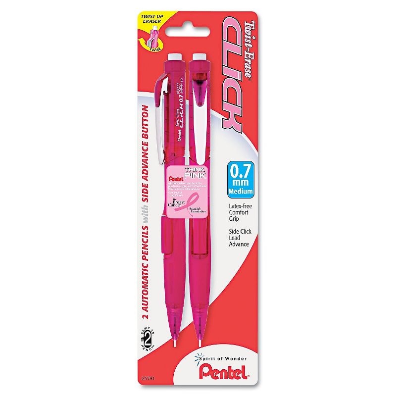 Pentel Pink Ribbon Twist-Erase CLICK Mechanical Pencil 0.7 mm 2/Pack PD277TBP2PBC