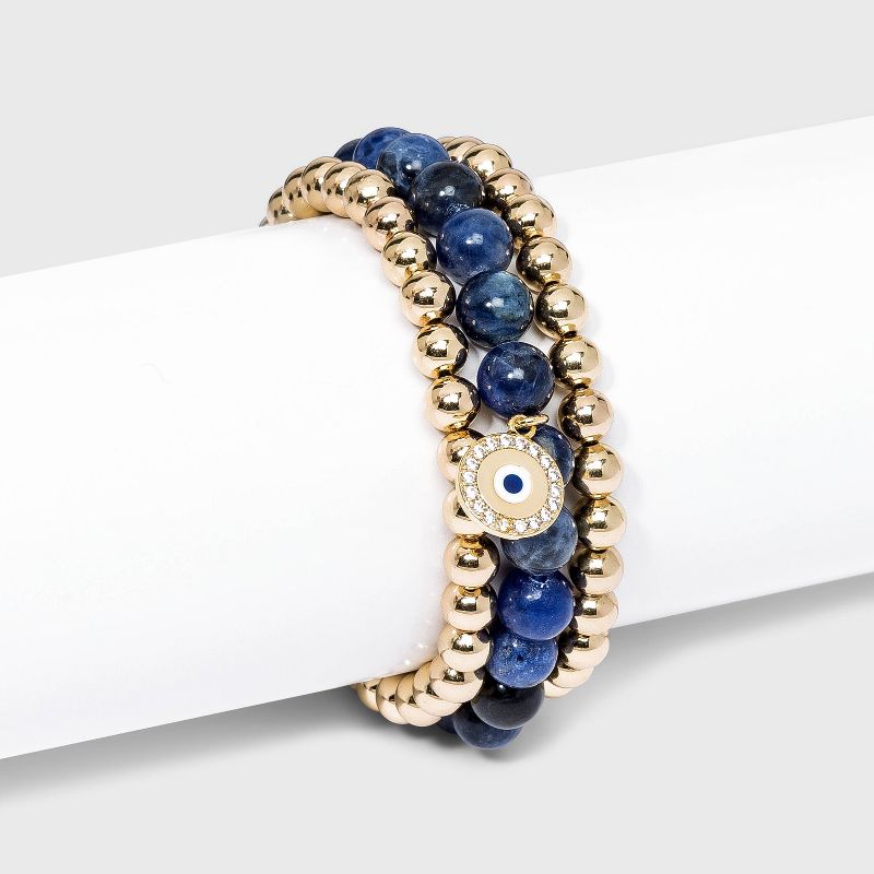 Beloved + Inspired Gold Granite with Evil Eye Charm Trio Stretch Beaded Bracelet Set - Blue