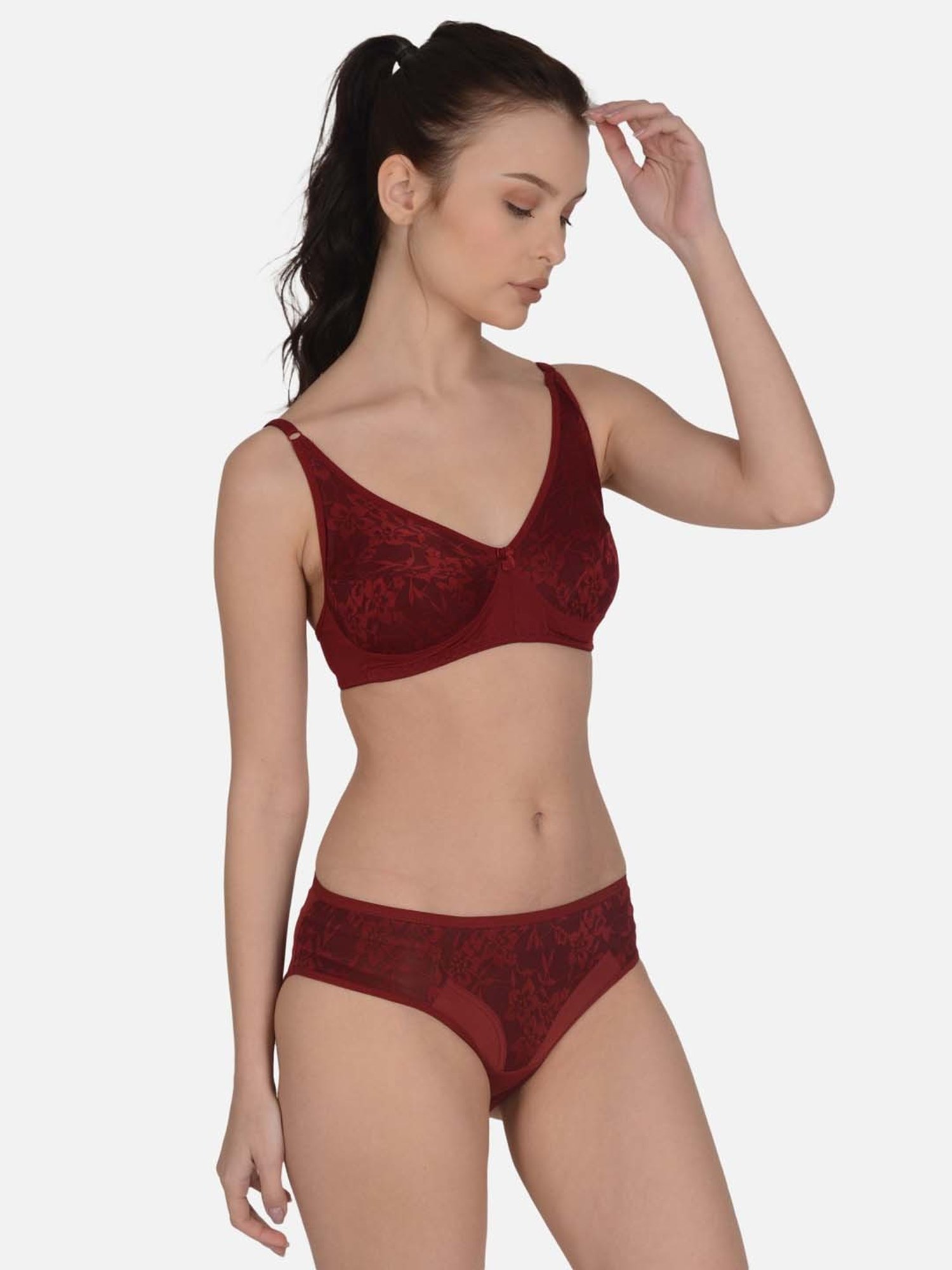 mod & shy Maroon Self Pattern Non-Padded Lingerie Set