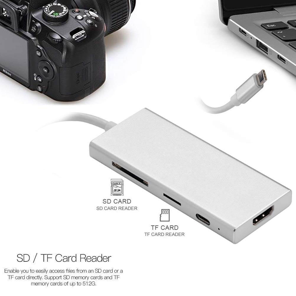 7 in 1 USB C HUB, Type-C to HDMI + PD + 3 x USB3.0 + SD/TF Dongle, Support SD/TF Card Reader, PD Fast Charging and 4K Ultra HD Video Output for New MacBook, ChromeBook and Surface.
