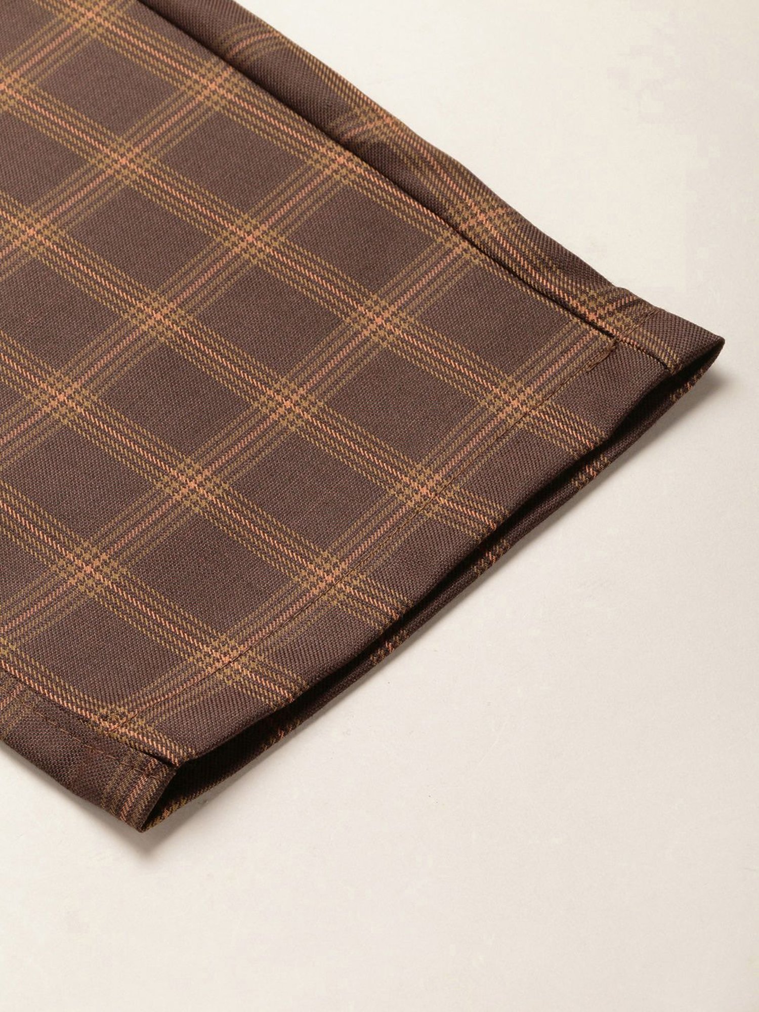 Sojanya Brown Cotton Regular Slim Fit Checks Flat Front Trousers