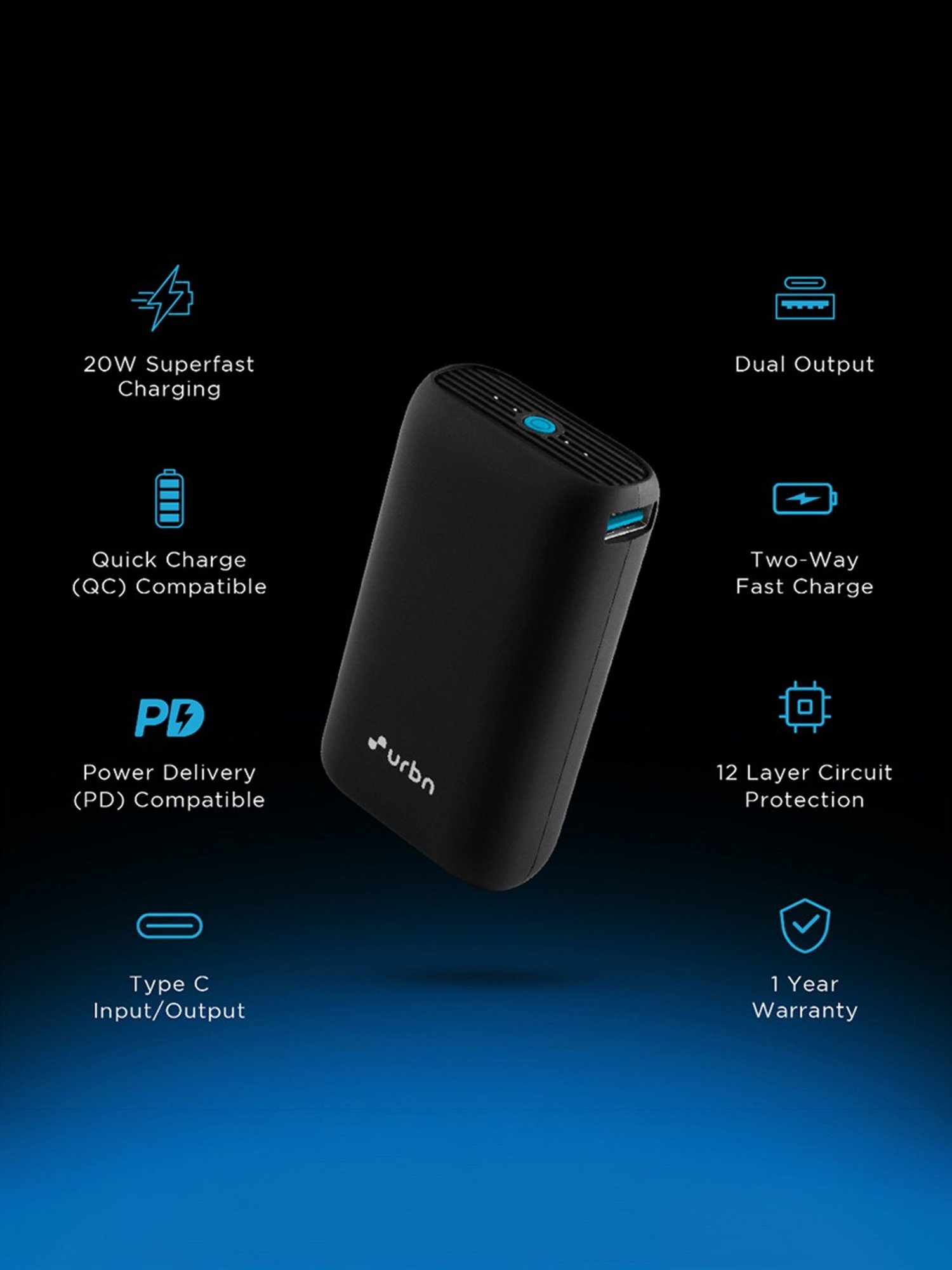 URBN 10000 mAh Type C Lithium ion Premium Black Edition Nano Power Bank, 20W Fast Charging (Black)