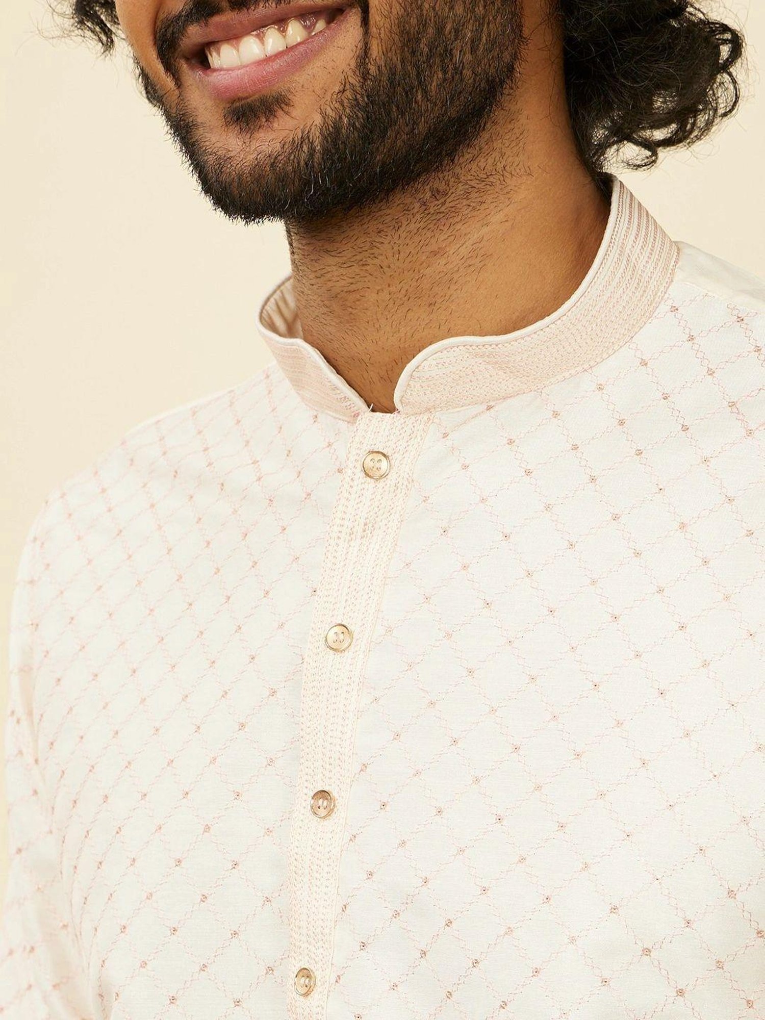 Manyavar Warm White Regular Fit Embroidered Kurta Bottom Set