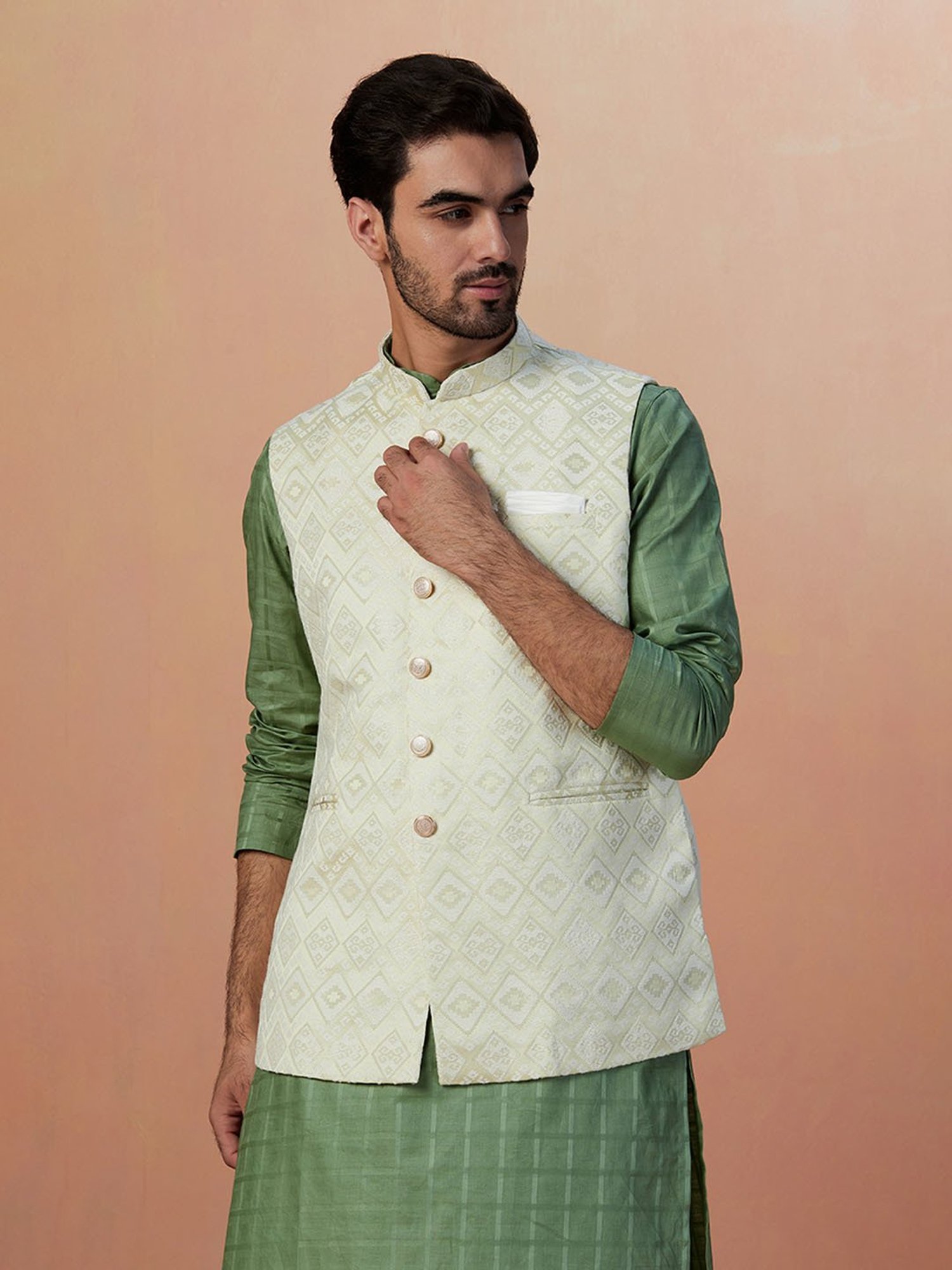 Manyavar Beige Regular Fit Self Design Nehru Jacket