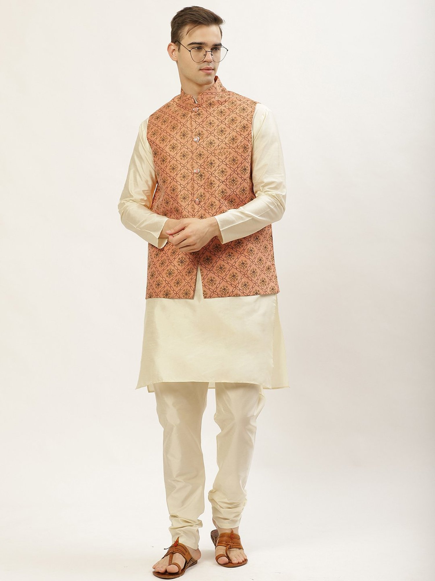 Jompers Peach & Beige Regular Fit Printed Kurta Set with Jacket