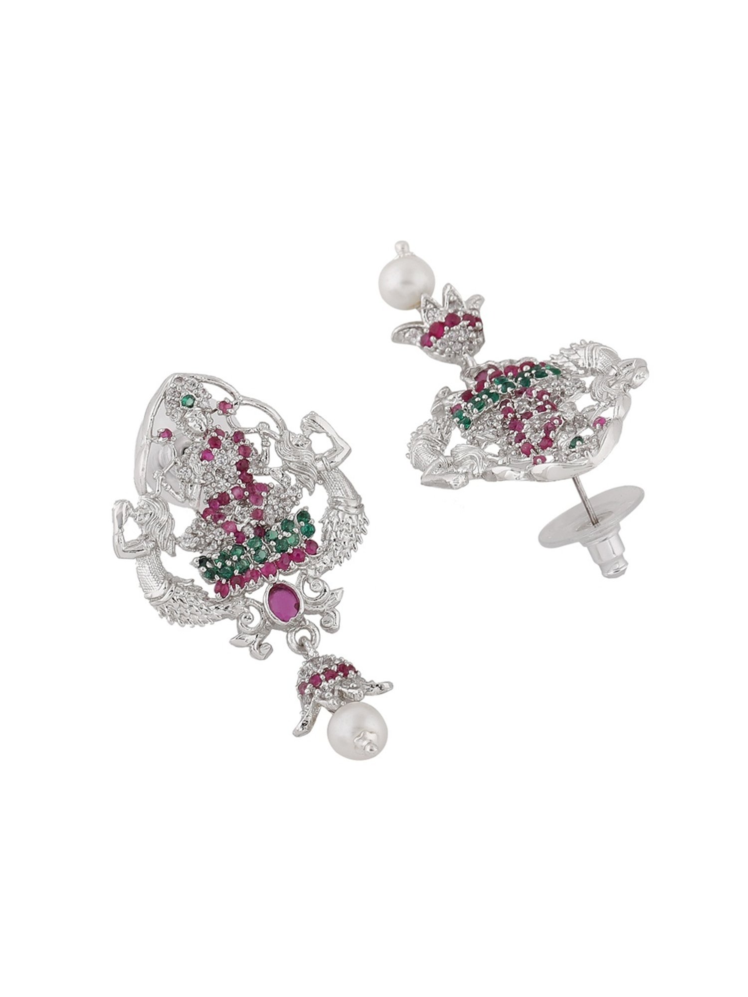 Estele Rhodium-Plated CZ Traditional Lakshmi Devi Design Dangler Earrings