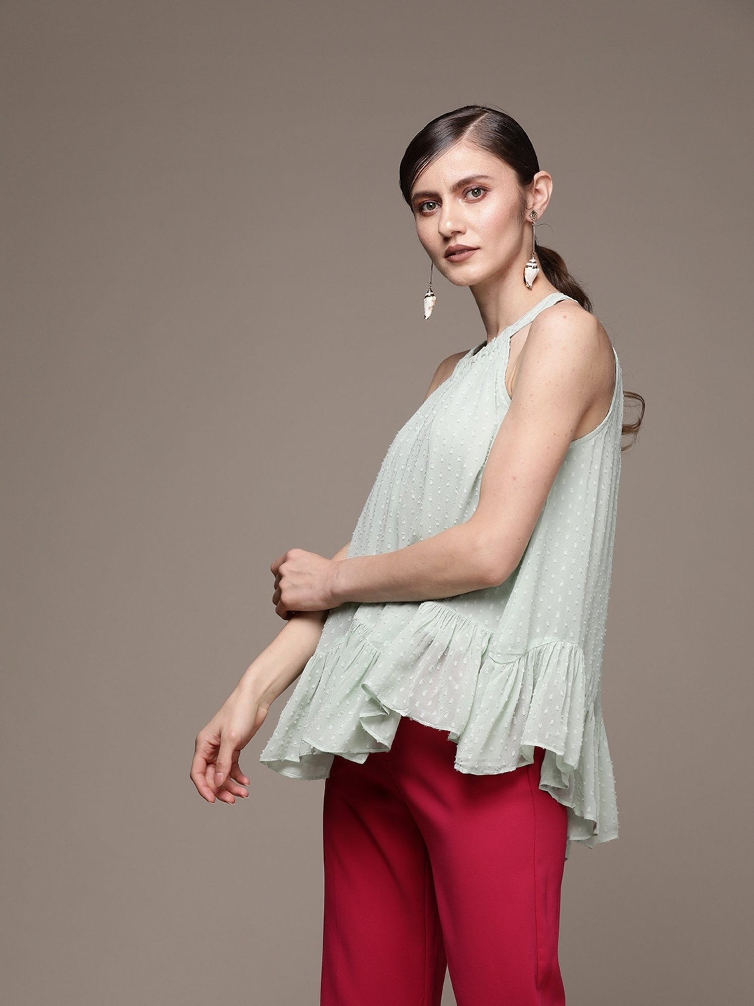 Label Ritu Kumar Mint Georgette Solid Halter Top