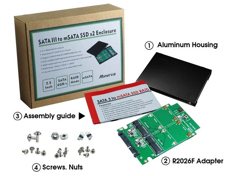 SATA III to mSATA SSD x2 RAID Card with 2.5" Aluminum Housing
