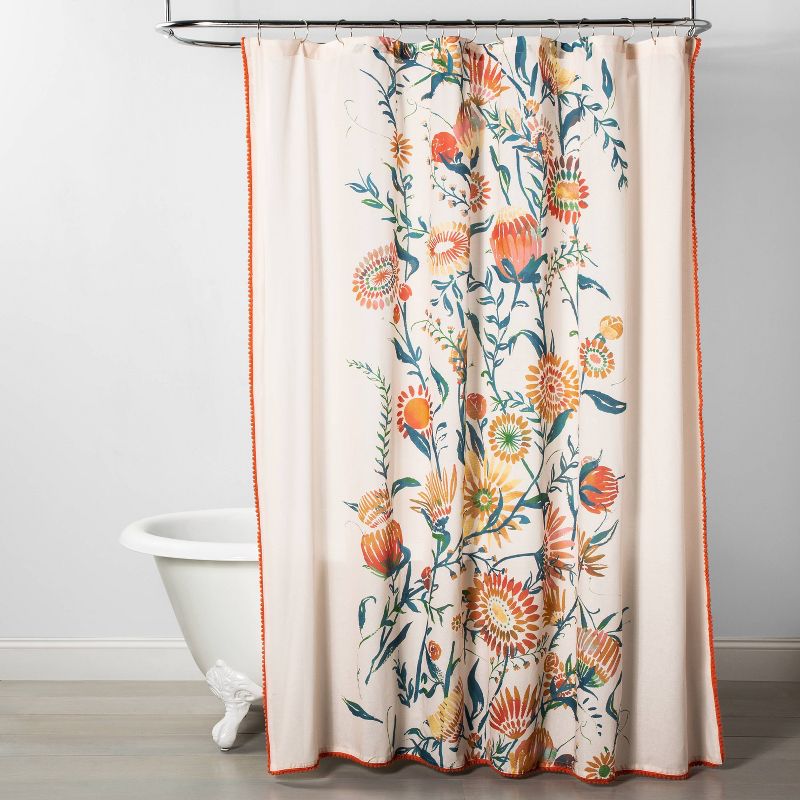 Placed Floral Print With Pom Trim Shower Curtain - Opalhouse™