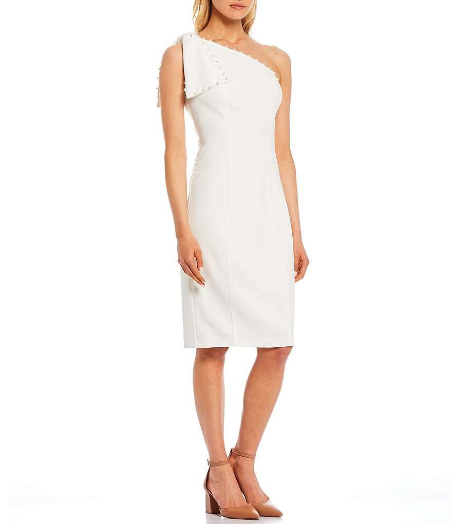 Eliza J Bow One Shoulder Sleeveless Asymmetrical Neck Pearl Trim Sheath Dress