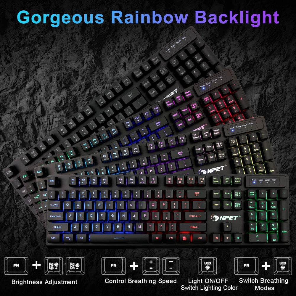 K10 Gaming Keyboard USB Wired Floating Keyboard, Quiet Ergonomic Water-Resistant Mechanical Feeling Keyboard, Ultra-Slim Rainbow LED Backlit Keyboard for Desktop, Computer, PC