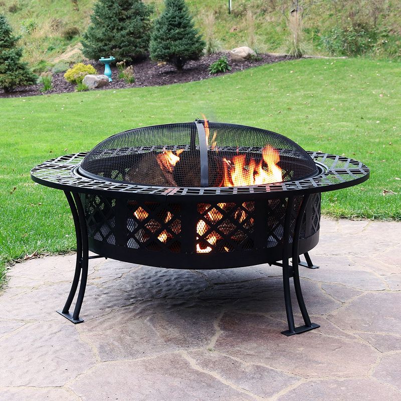 Sunnydaze Outdoor Camping or Backyard Steel Diamond Weave Fire Pit Bowl with Spark Screen - 40" - Black