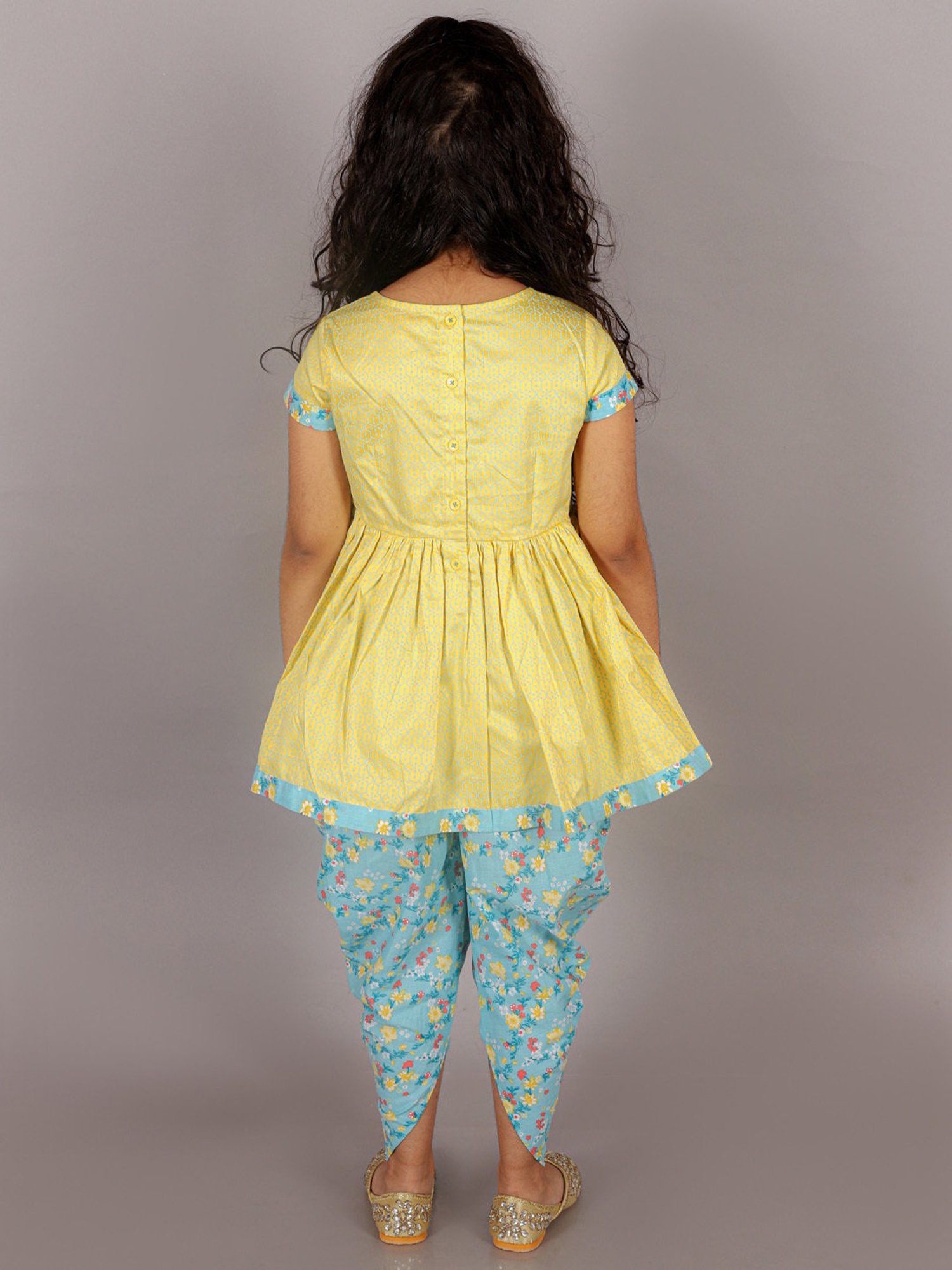 Lil Drama Kids Yellow & Blue Floral Print Kurta with Dhoti