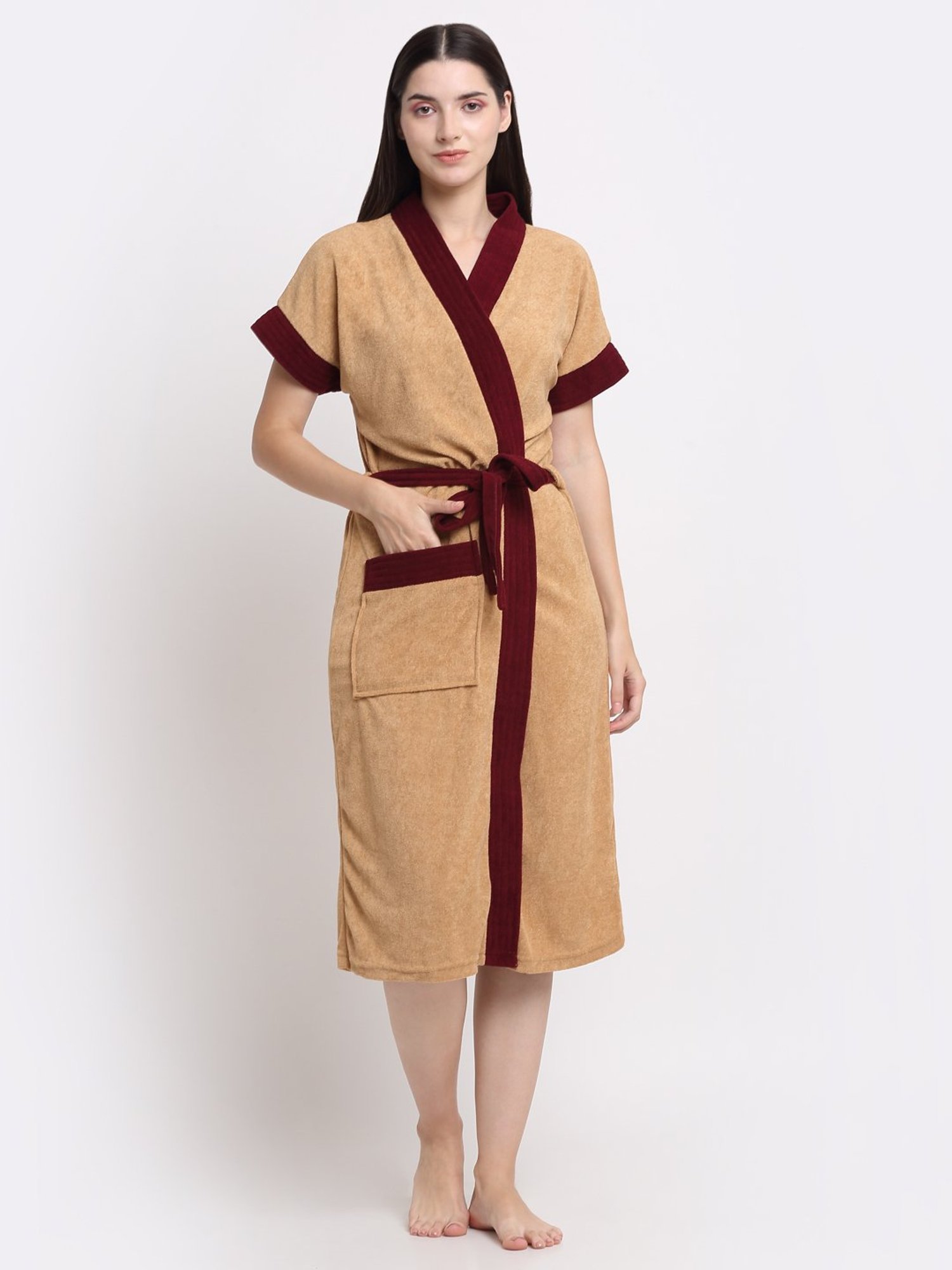 Creeva Everyday Red & Navy 225 GSM Micro Terry Bathrobe with Front Pocket & Kimono Collar
