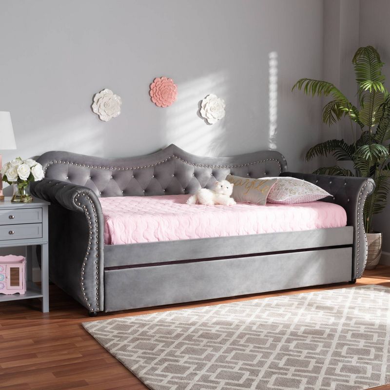 Twin Abbie Velvet Crystal Tufted Daybed with Trundle Gray - Baxton Studio