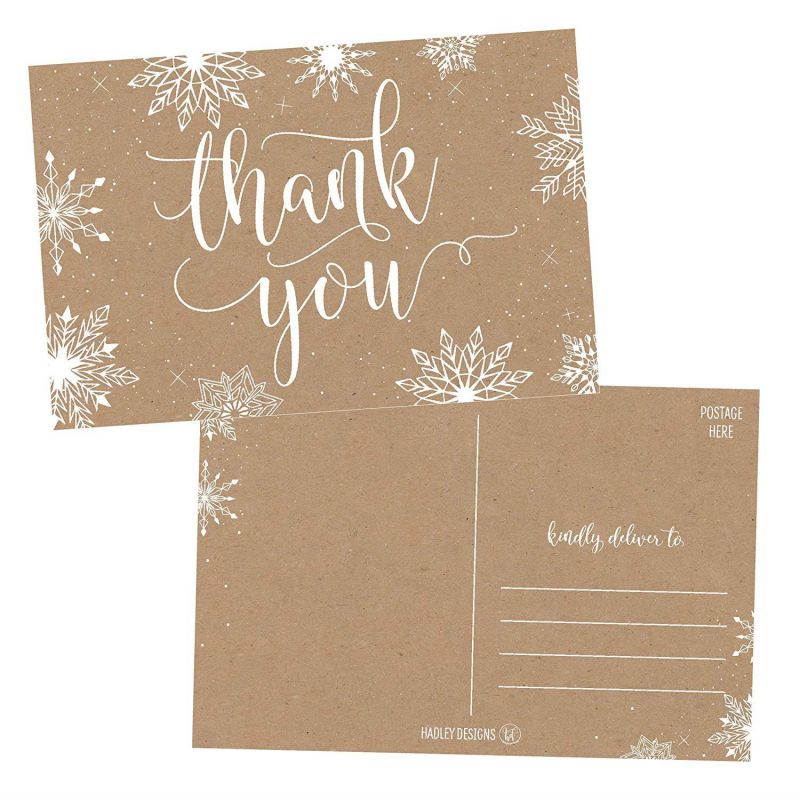 25 4x6 Blank Christmas Holiday Thank You Postcards Bulk, Cute Kraft Winter Snowflake Note Card Stationery For Wedding, Bridesmaids, Bridal or Baby Shower, Teachers, Religious, Business Cards
