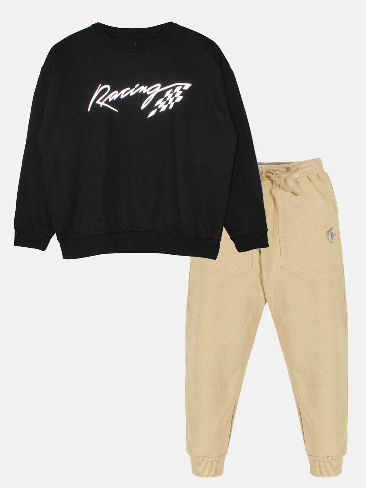 Kiddopanti Kids Jet Black & Beige Printed Full Sleeves Sweatshirt Set