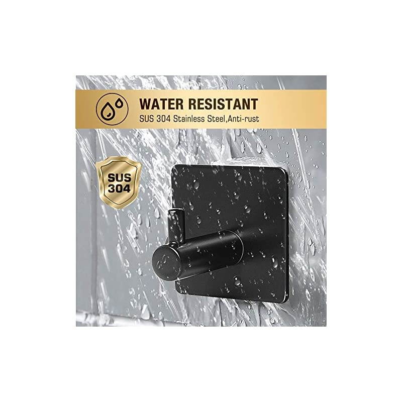 Adhesive Hooks,  [4 Pack] Heavy Duty Durable 304 Stainless Steel Wall Hangers, Waterproof Rustproof Oil Proof for Kitchen, Bathrooms, Doors, Office, Closet-Black