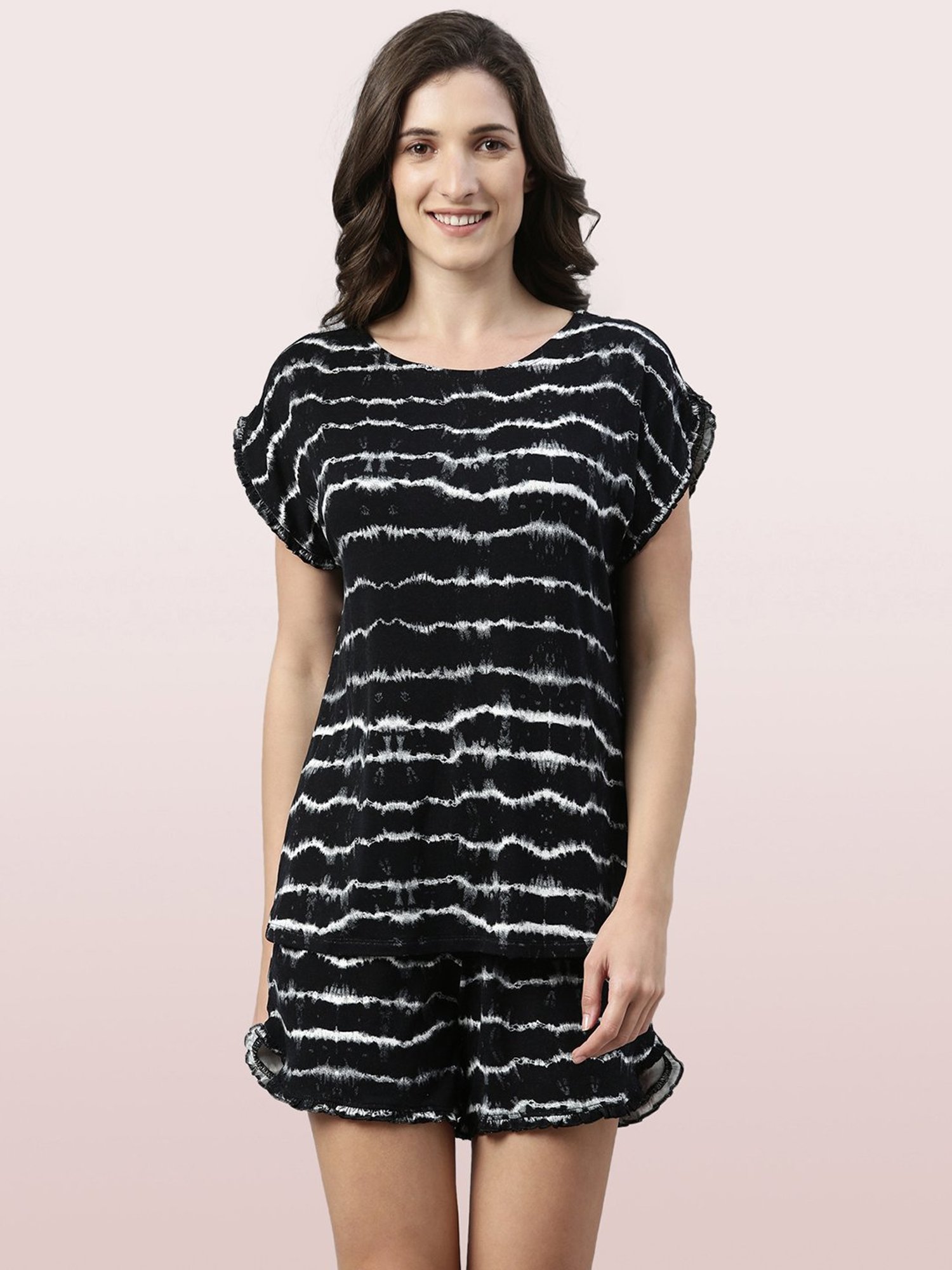 Enamor Black Striped Top With Shorts