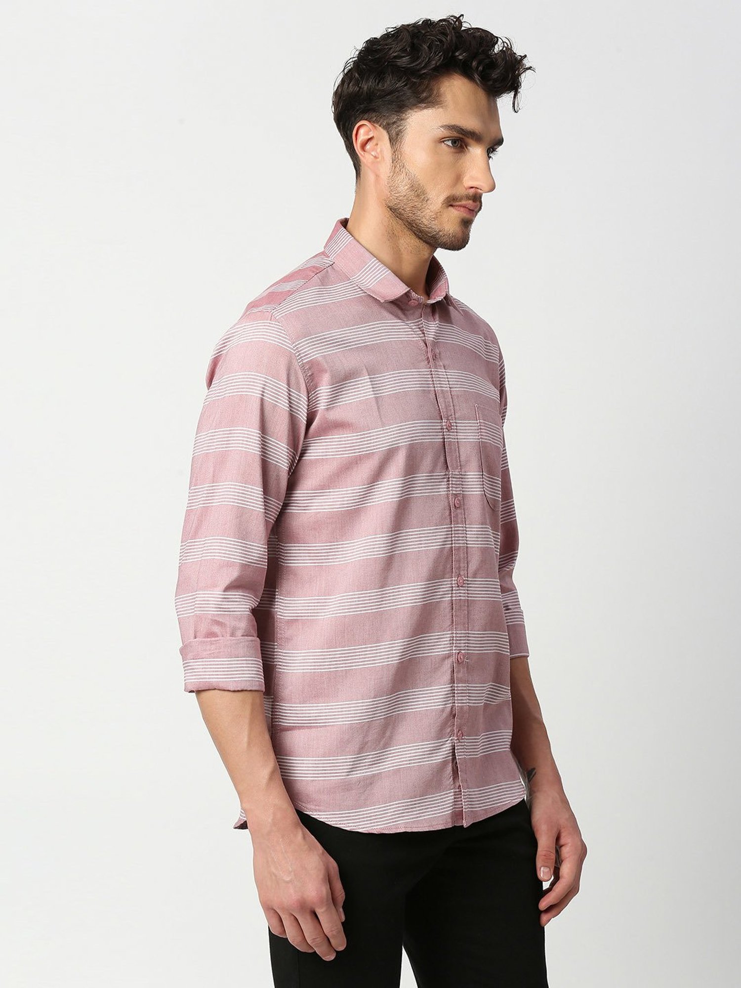 SOLEMIO Pink Slim Fit Striped Shirt