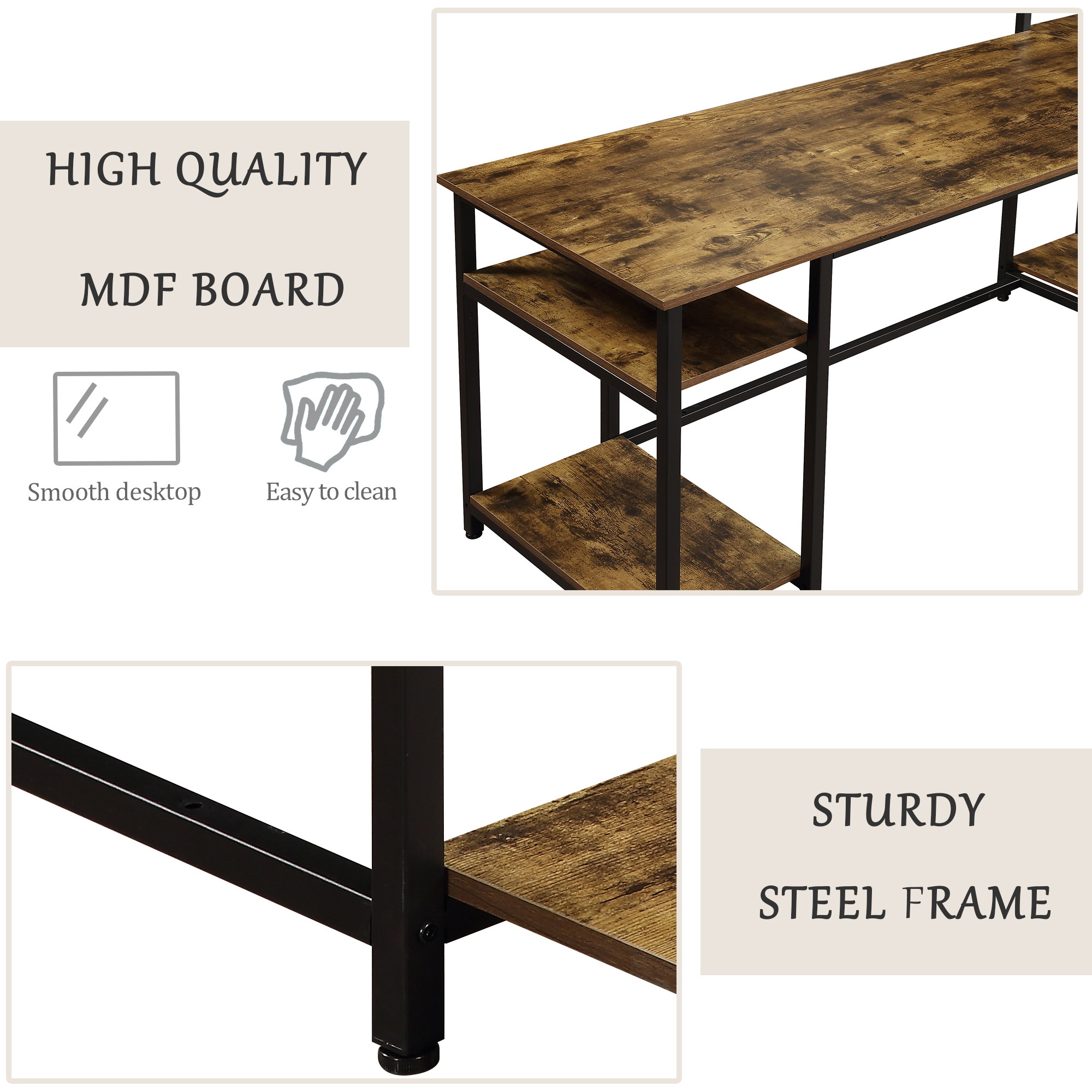 Home Office Computer Desk Large Office Desk Study Writing Table Workstation Gaming Desk with 5 Tier Storage Shelves,Corner Bookshelf and Tower Shelf ,Brown