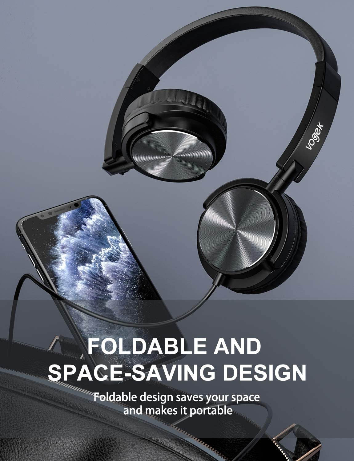 Vogek Headphones with Case Foldable On Ear Headset Wired with Deep Bass Noise Isolation Microphone and Adjustable Headband for Smartphone Computer Laptop Chromebook MP3/4 (Grey)