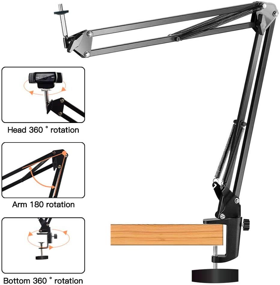 Webcam Stand, Webcam Clamp Mount, Adjustable Rotatable Cantilever Scissors Long Arm Bracket, With Aluminum Fixing Clip-Built-In 1/4 Inch Screw For Logitech Webcam C930e, C930, C920, Etc.