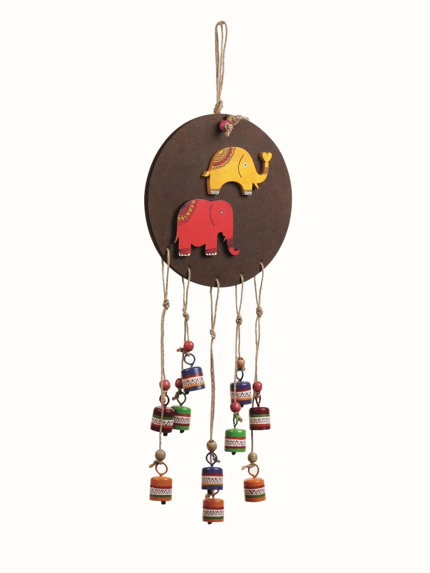 VarEesha Multicolor Wood Elephant on Circle Tinkle Bells Windchime - Set of 1