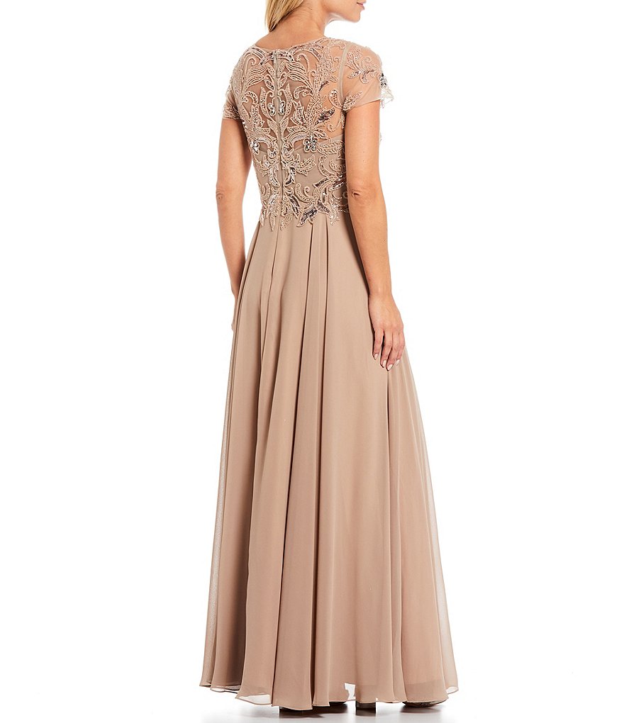 Xscape Beaded Bodice Jewel Neck Illusion Sleeve Chiffon Ballgown