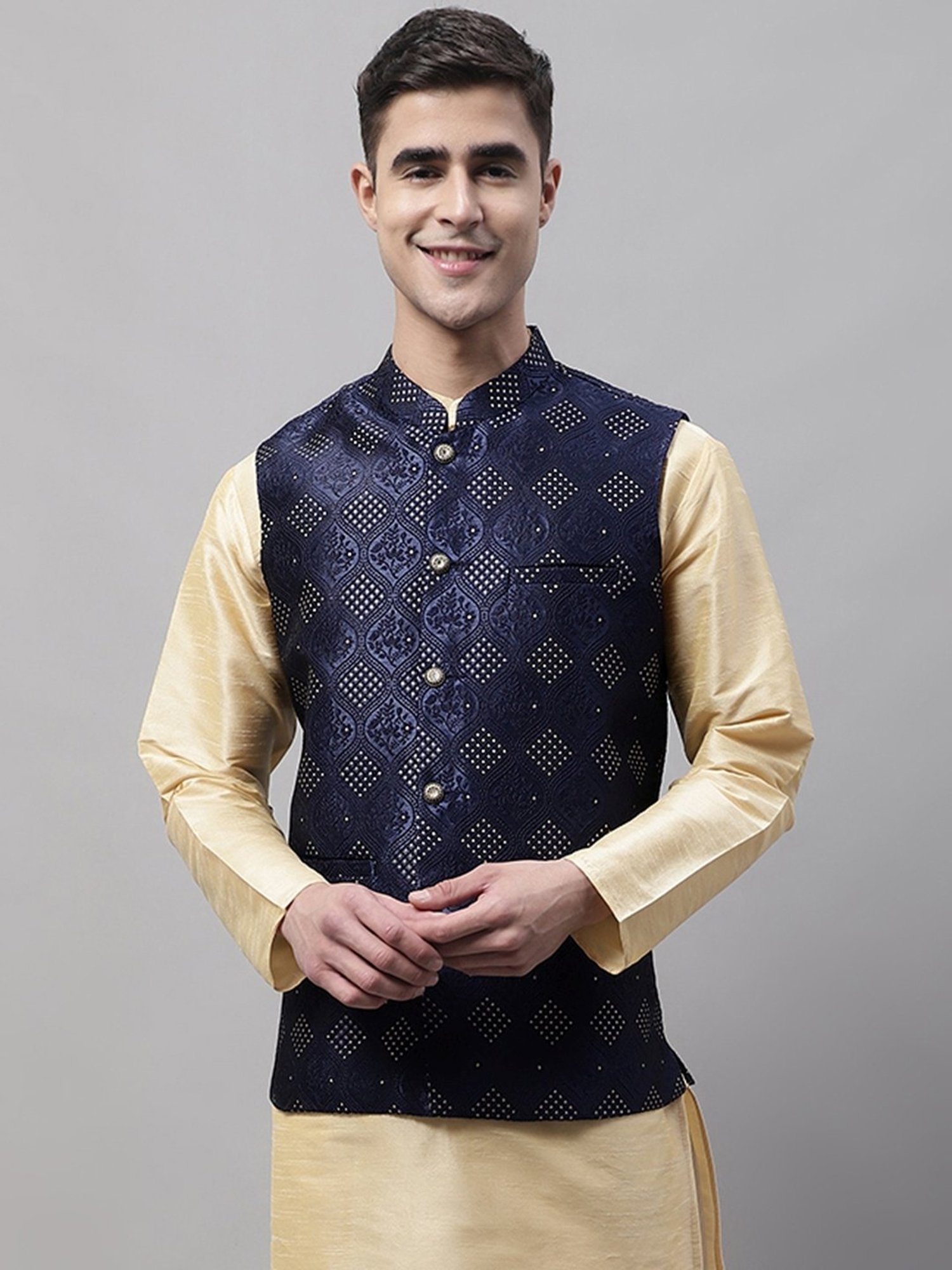 Jompers Navy Regular Fit Embroidered Nehru Jackets