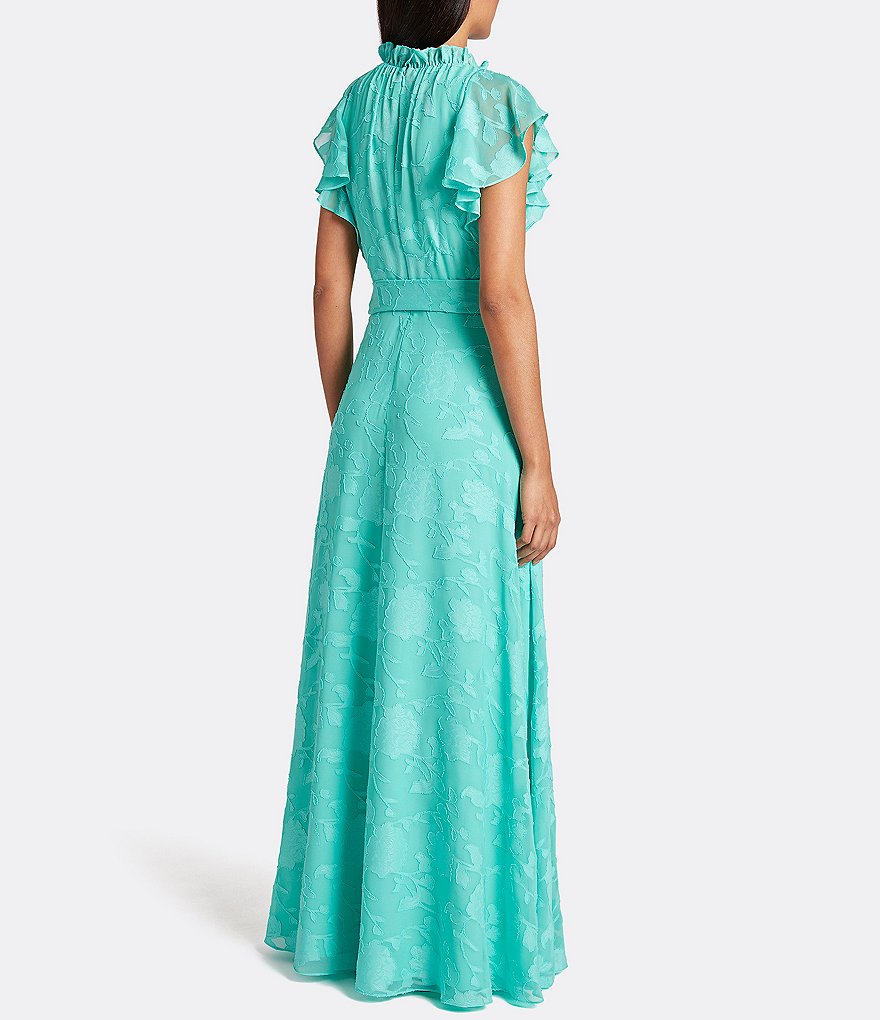 Tahari ASL Ruffle Cap Sleeve Keyhole Neck Tie Waist Floral Clip Chiffon A-Line Dress