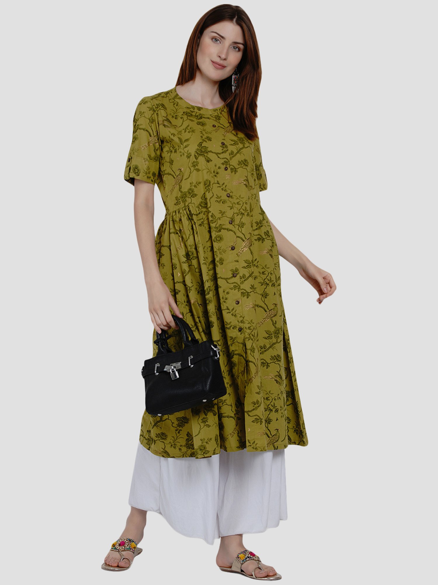 Women Republic Green Cotton Printed A Line Kurta