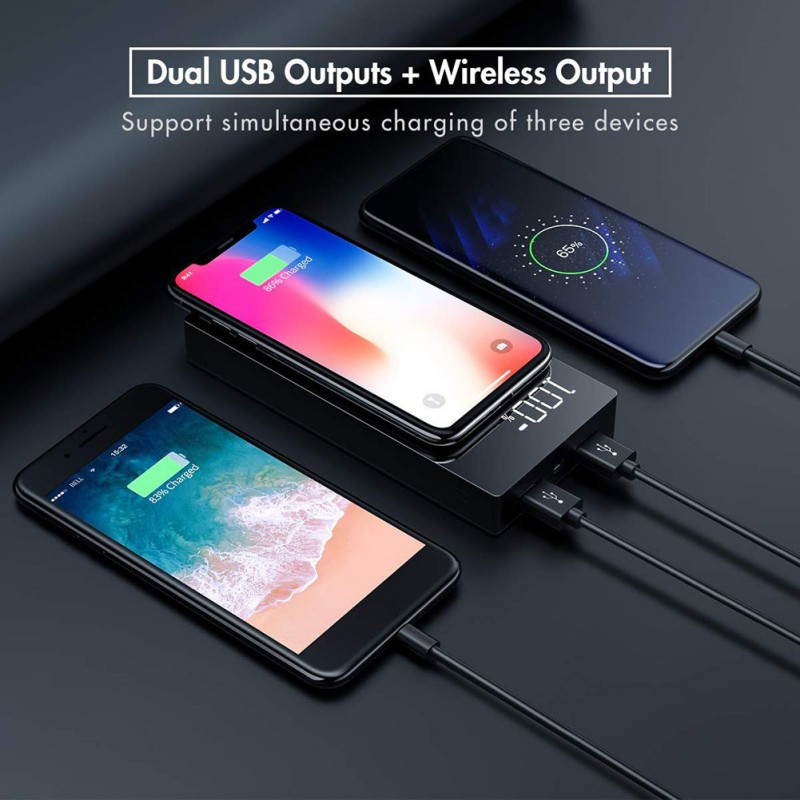 Wireless Power Bank 20000mAh Dual USB Outputs&Wireless Output LED Display Wireless Charging Bank Battery