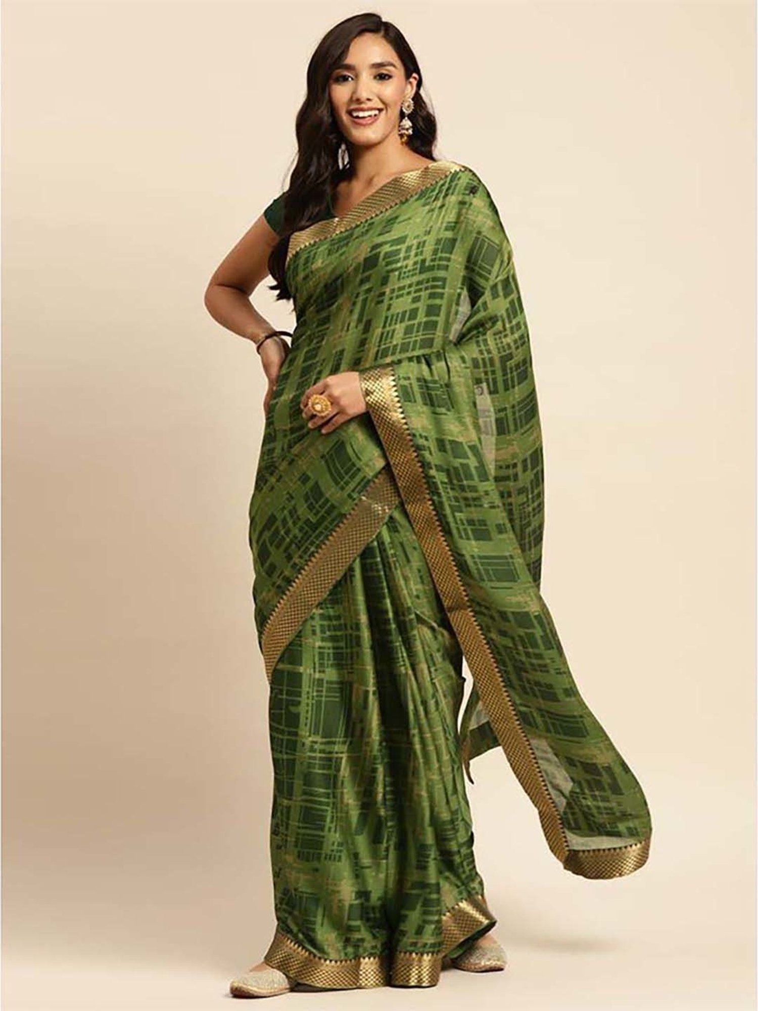 Rangita Green Printed Saree With Unstitched Blouse