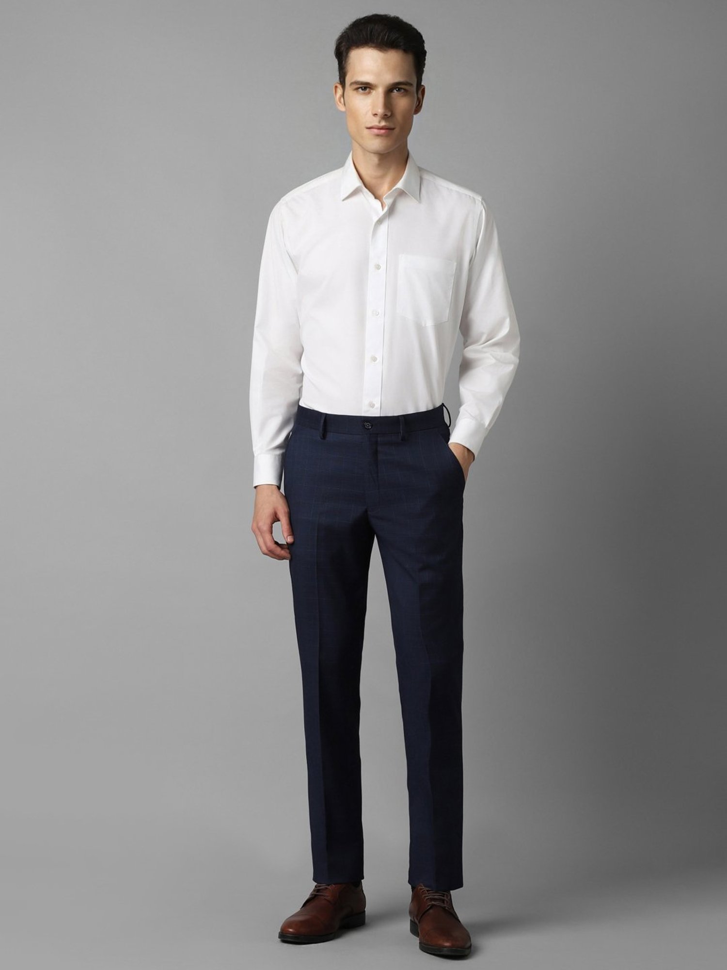 Louis Philippe Navy Slim Fit Checks Trousers
