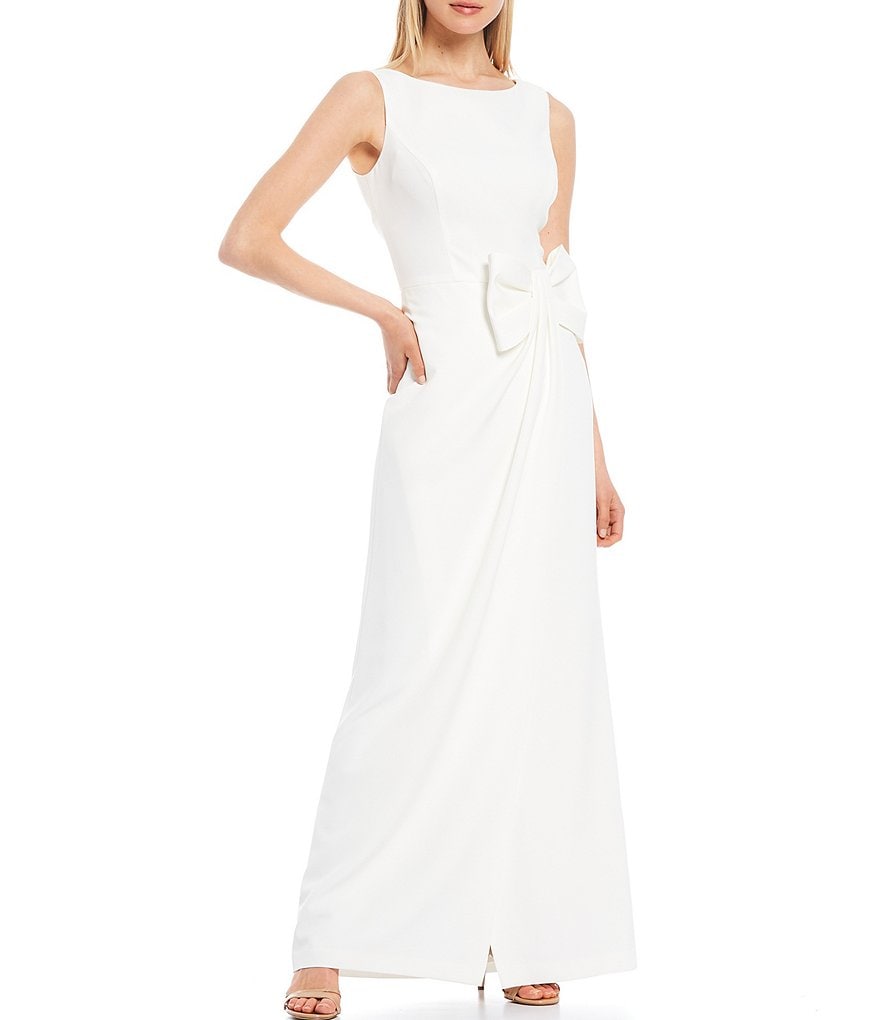 Eliza J Boat Neck Draped Side Bow Laguna Crepe Gown