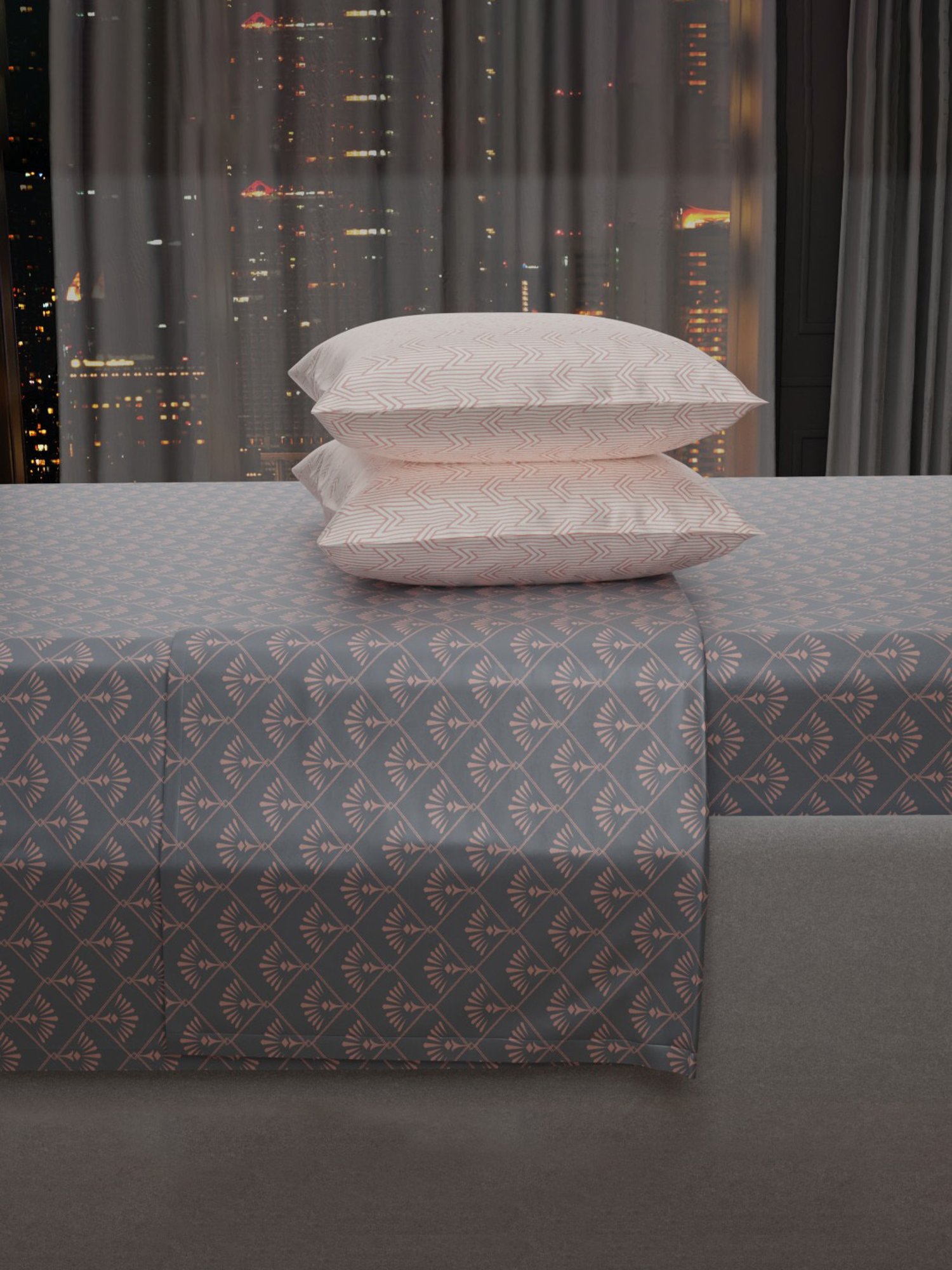 Stoa Paris Elegance Grey Polyester 300 TC Sateen King Size Bed Sheet With 2 Pillow Covers