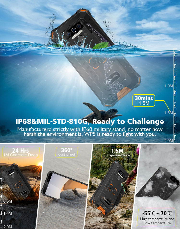 OUKITEL WP5 Rugged Cell Phones Unlocked Android 9 Smartphone 8000mAh Battery Triple Camera 4 LED Flashlights 4GB+32GB IP68 Waterproof 5.5 HD+4G Dual SIM Phone Face/Fingerprint ID