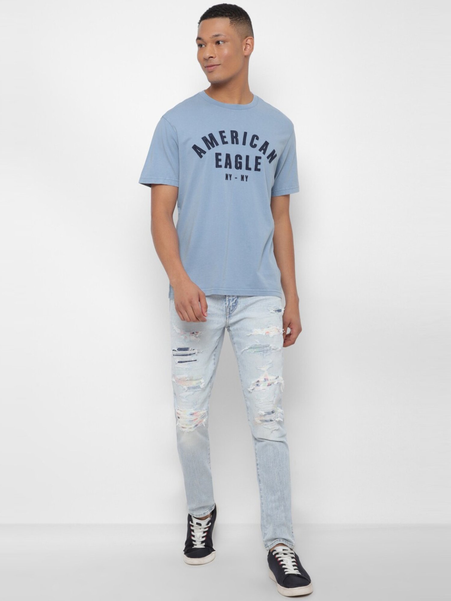 American Eagle Blue Cotton Regular Fit Printed T-Shirt