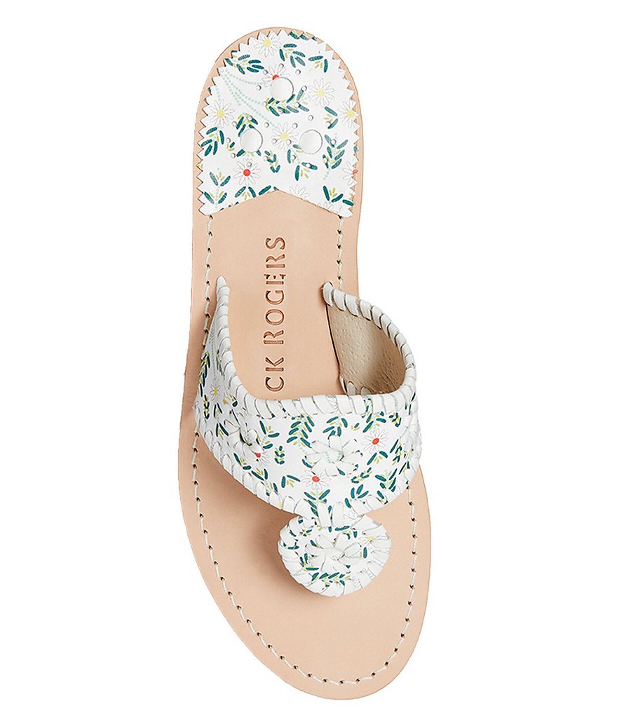 Jack Rogers Jack Daisy Print Leather Whipstitch Detail Thong Sandals