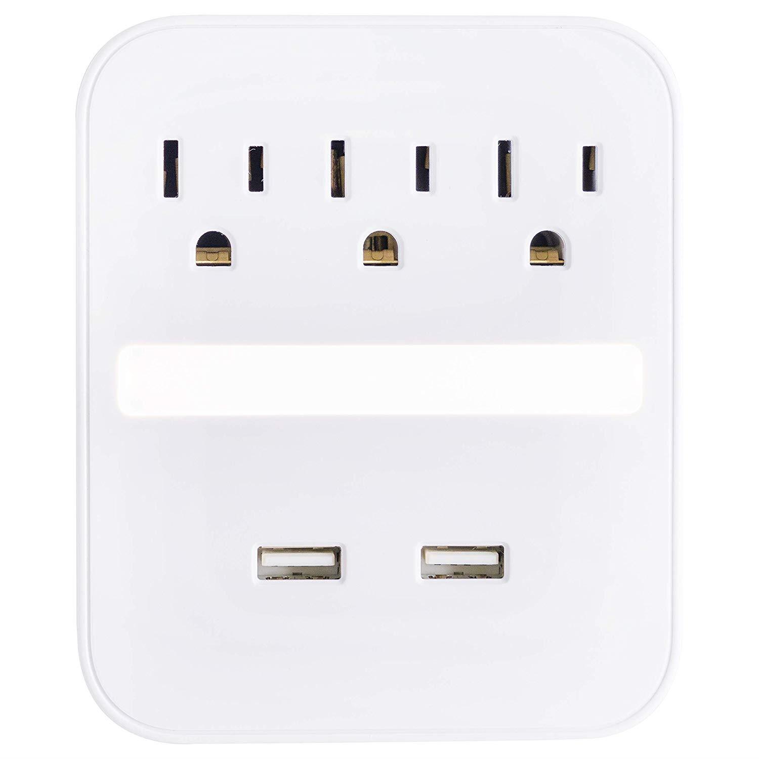 GE Pro USB Charging Surge Protector with Light Sensing Night Light, 3 Outlets, 2 USB Ports, Wall Charger, Dusk to Dawn Sensor, 3 Outlets, 2 USB Ports, 440 Joules, White, 41628