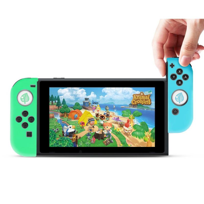 Nintendo Switch Joy-Con Grip Gel Guards with Thumb Grips Caps - Protective Case Covers Anti-Slip Lightweight Animal Crossing Design Joy Con Comfort Grip Controller Skin Accessories (1 Pair White Leaf)