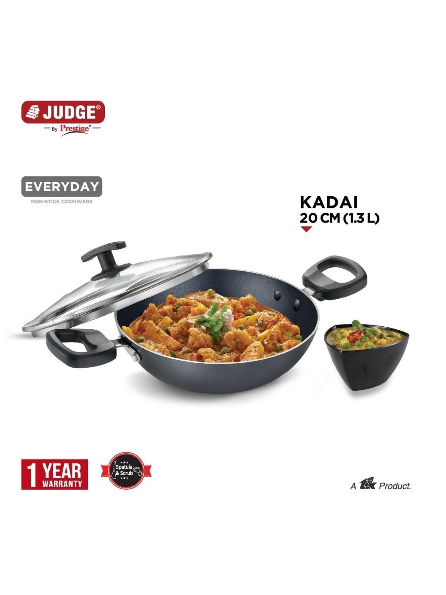 Judge by Prestige Everyday Black Aluminium Kadhai 20 cm with Lid 1.3 L