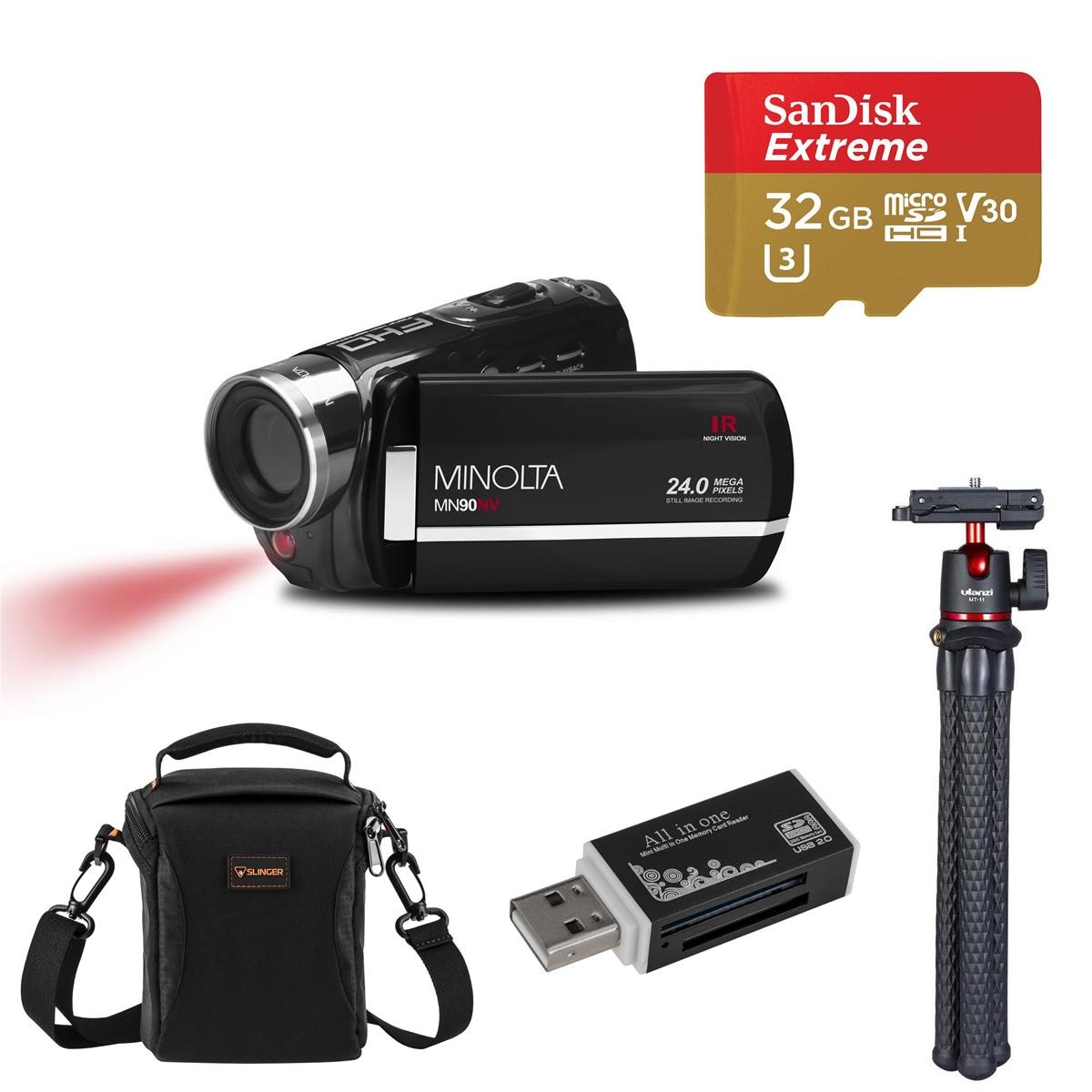 Minolta MN90NV 24MP Full HD Night Vision Camcorder, Black with Accessories Kit