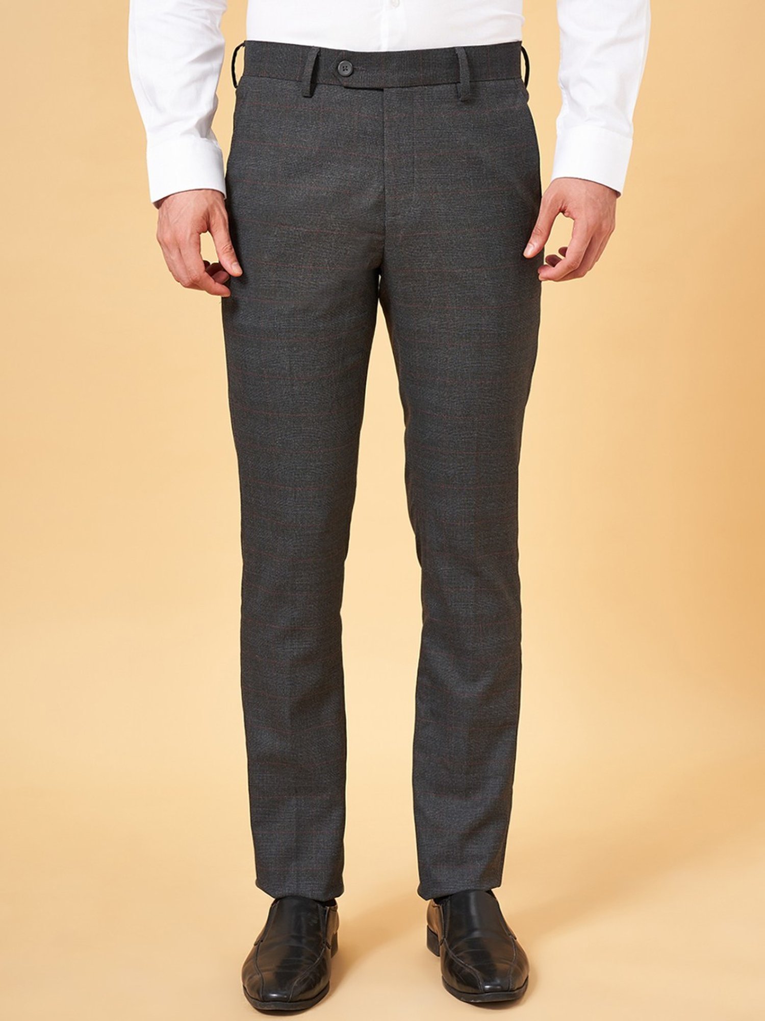 Byford By Pantaloons Charcoal Gray Slim Fit Checks Trousers