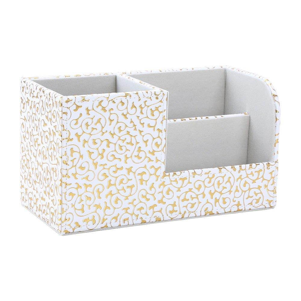 KINGFOM Leatherette Desk Organizer Pen/Pencil/ Remote Control/Cell Phones/Brushes Holder Office Container Storage Box (S-Gold&White)
