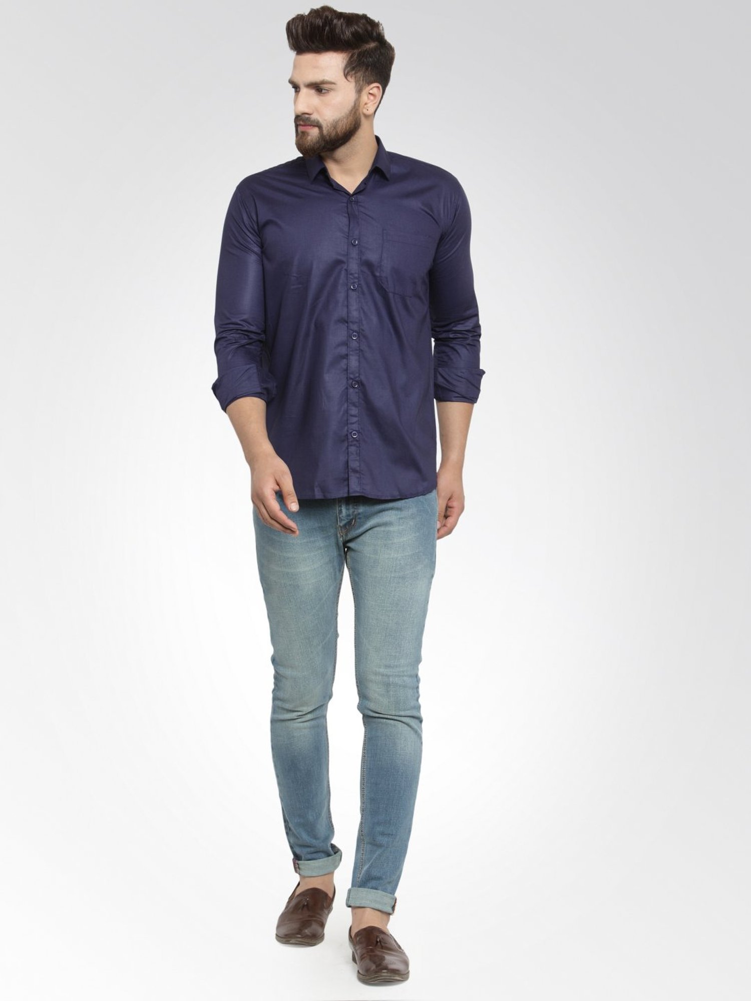 Jainish Navy Cotton Regular Fit Shirt