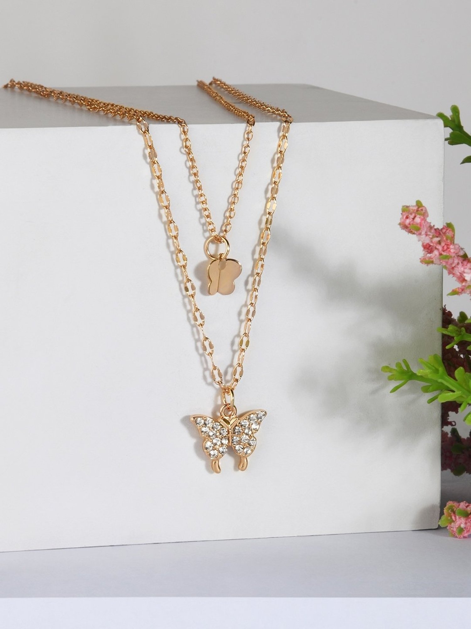 ToniQ Gold-Plated Butterfly Charm Layered Necklace for Women