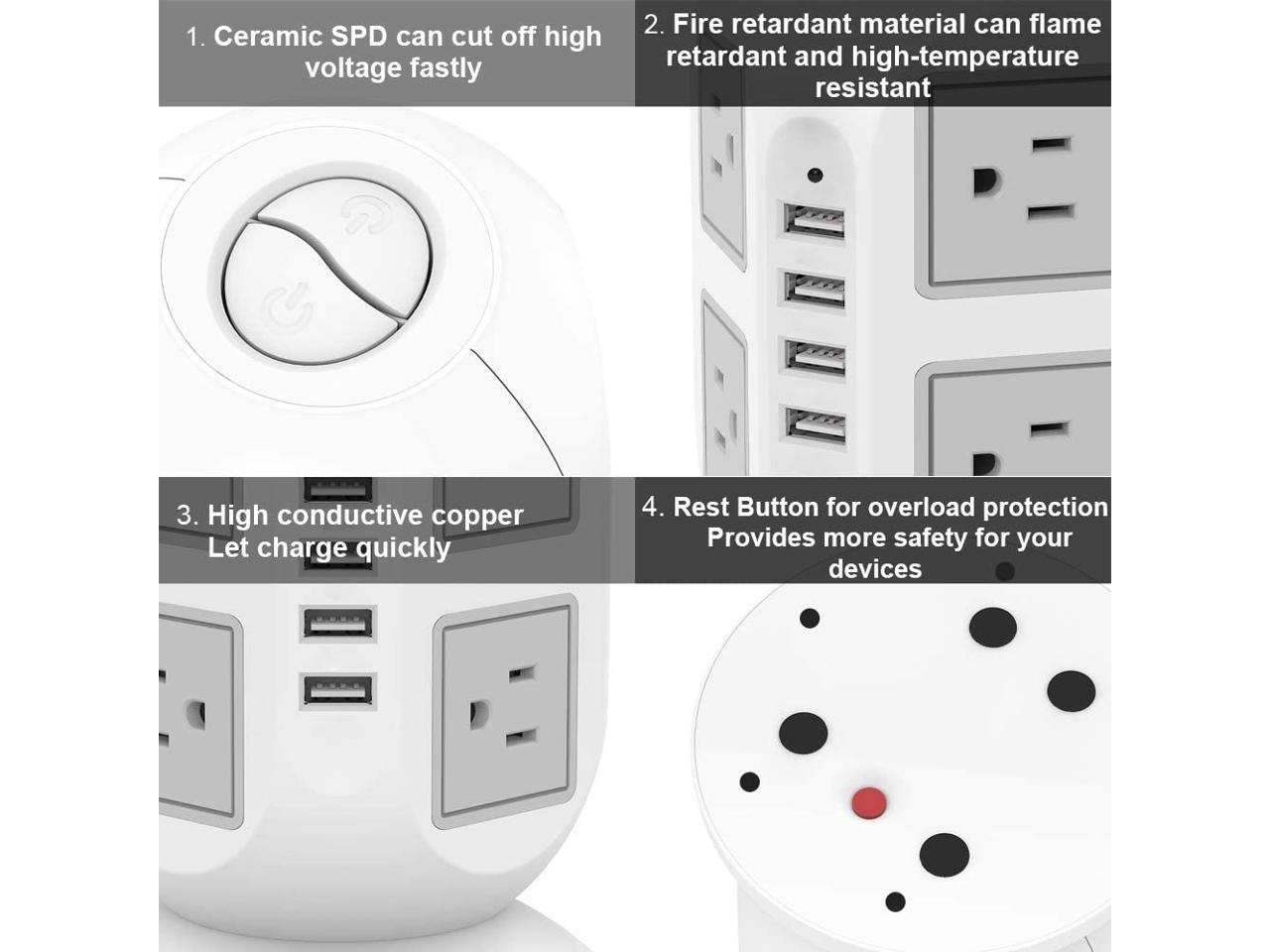 Power Strip Tower TESSAN Surge Protector 8 AC Outlets with 4 USB Ports Charging Station Long Extension Cord 10 Feet, Widely Spaced Multi Outlets, Circuit Breaker Safeguard for Home Office Dorm Room