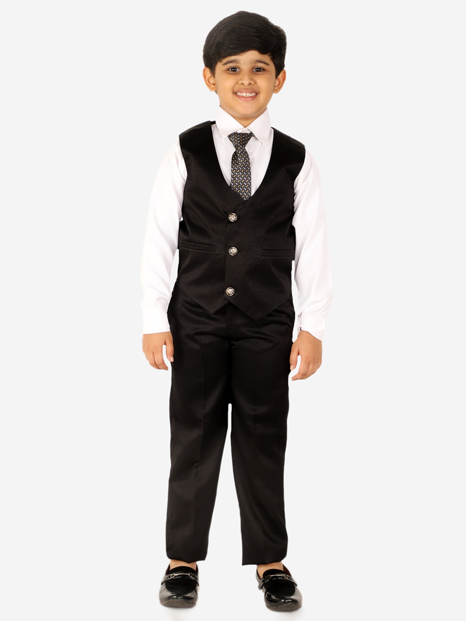 Pro-Ethic Style Developer Kids Black & White Solid Full Sleeves Shirt, Waistcoat, Pants with Tie